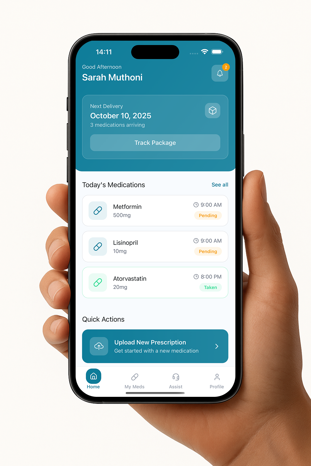 A smiling Kenyan healthcare worker holding a smartphone displaying the AfyaPop app, with a delivery box nearby.